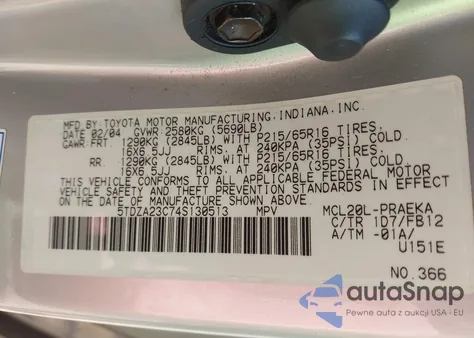 2004 Toyota Sienna Le z USA, uszkodzony, nr VIN 5TDZA23C74S130513